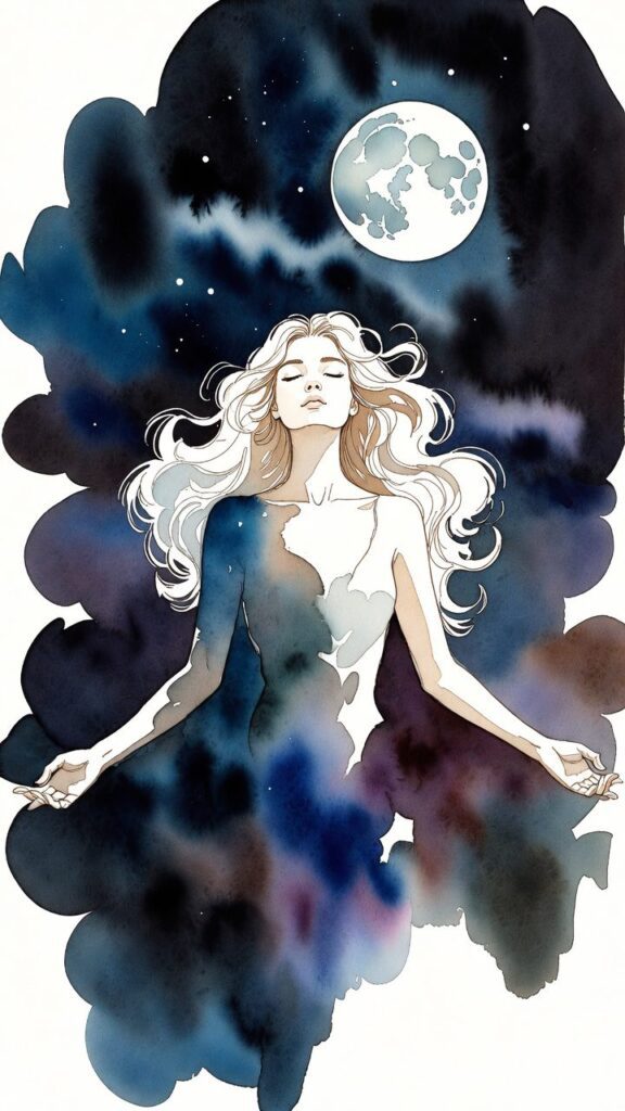 A serene woman with long hair meditates under a full moon, surrounded by dark clouds and night sky tones in a watercolor style.