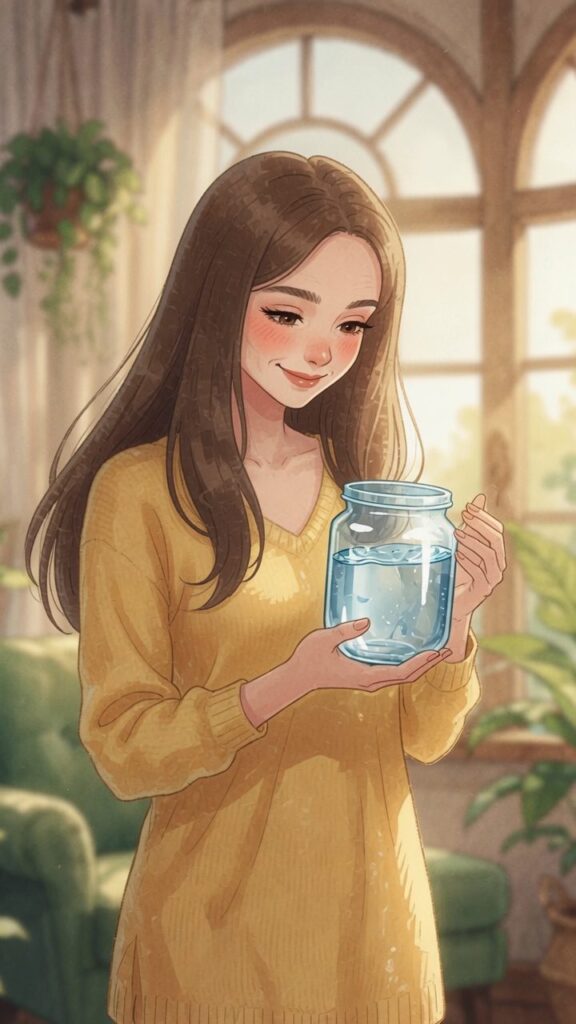 A young woman in a yellow sweater holds a glass jar of water, standing in a sunlit room with plants and large windows.