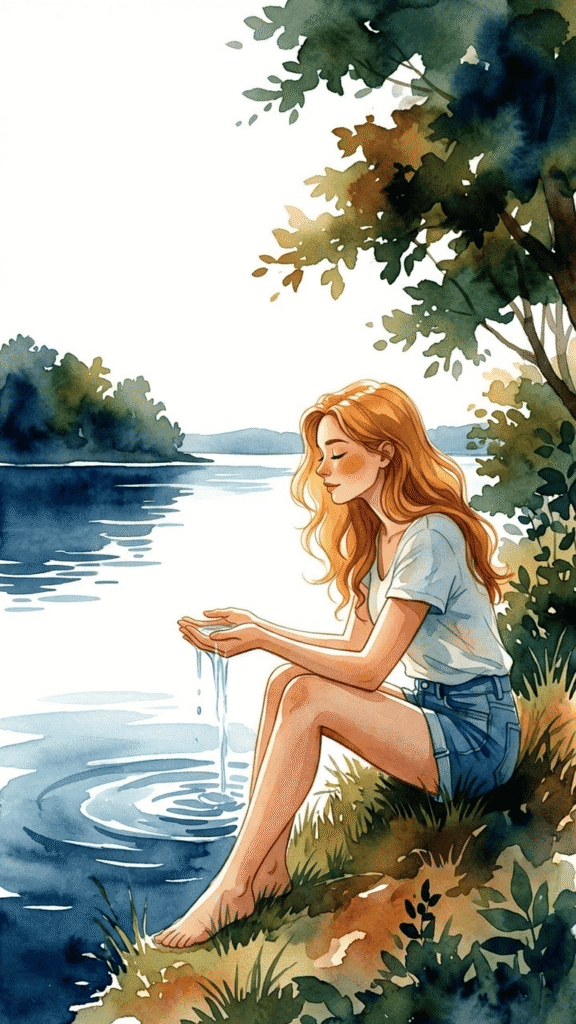 A young woman with long hair sits by a lake, dipping her feet in the water and holding water in her hands, surrounded by grass and trees on a sunny day.