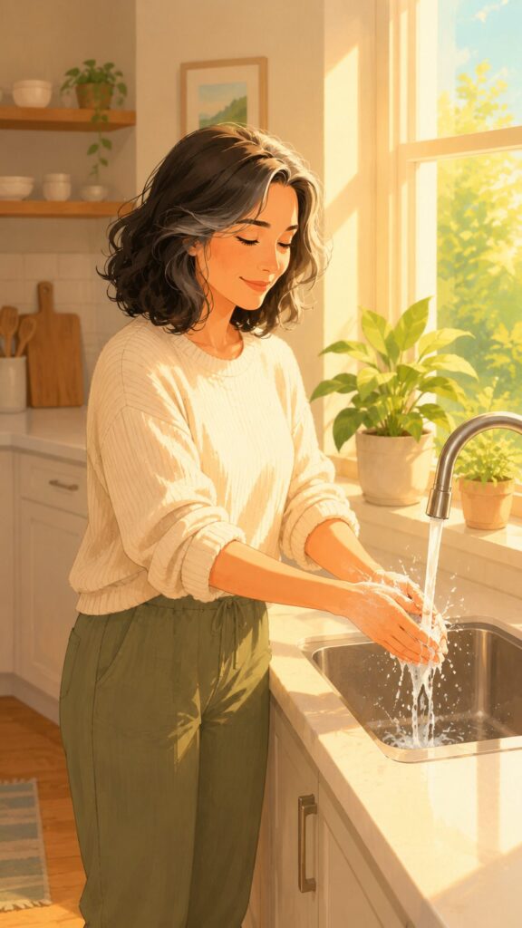 Woman with dark hair washes her hands at a kitchen sink in sunlight. Potted plants and kitchenware are visible in the background, representing how to manifest with water