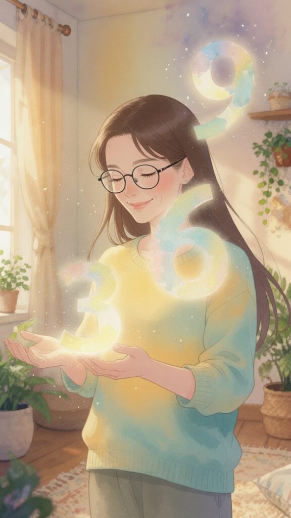 A young woman in glasses stands indoors, holding glowing numbers 3, 6, and 9 floating above her hands—symbols often associated with powerful ways to manifest your desires. Sunlight streams in through a window, casting a warm glow over several plants arranged throughout the room.