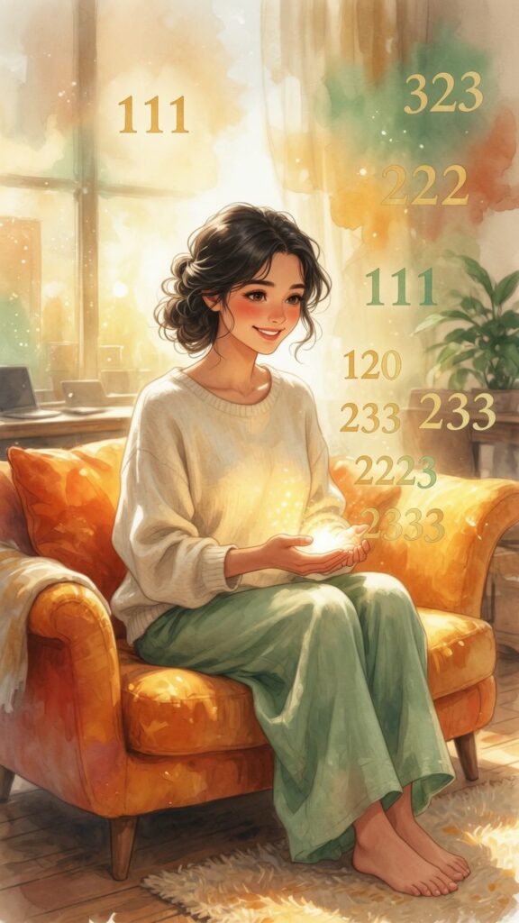 A woman sits barefoot on an orange chair, holding glowing light in her hands, with various numbers floating around her in a sunlit, cozy living room.