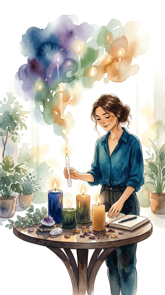 A woman stands at a round table lighting candles, surrounded by crystals, plants, and an open notebook, with colorful smoke rising in the background.