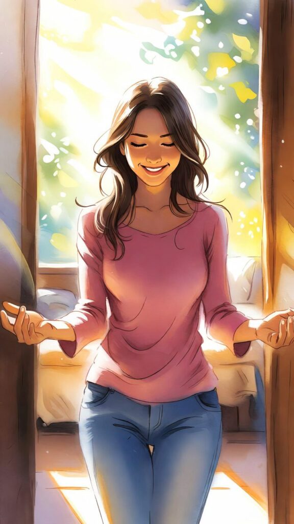 A woman in a pink top and jeans stands by an open door, smiling and welcoming sunlight into a cozy, sunlit room with green foliage outside.