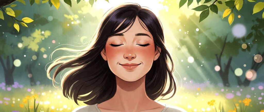 A woman with closed eyes smiles peacefully in a sunlit garden with flowers and trees, sunlight filtering through leaves.