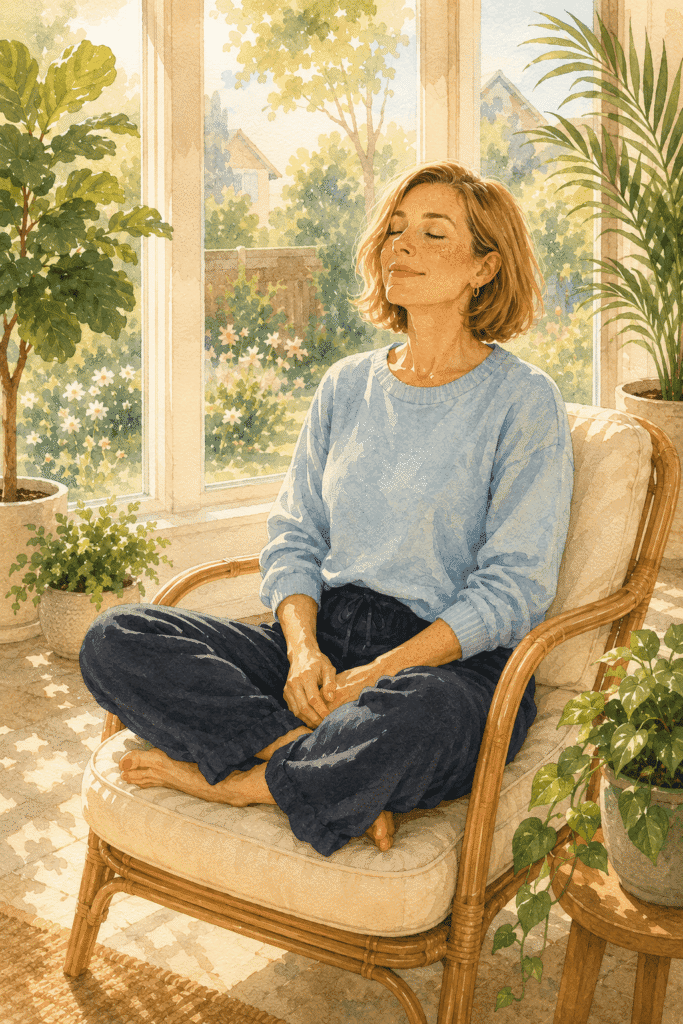 Woman sits cross-legged on a chair in a sunlit room with indoor plants, eyes closed and appearing relaxed.