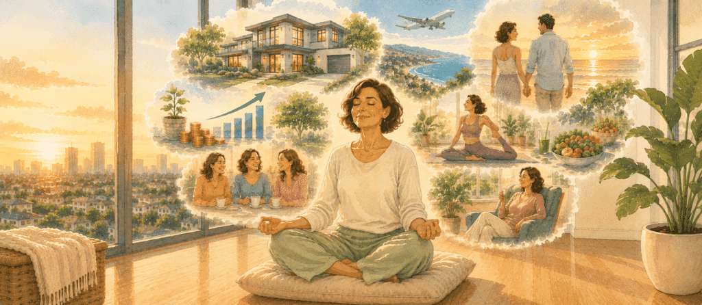 A woman meditates indoors, surrounded by illustrations of a house, travel, financial growth, relationships, yoga, and healthy food, representing aspirations and well-being. Representing How To Manifest Through Meditation