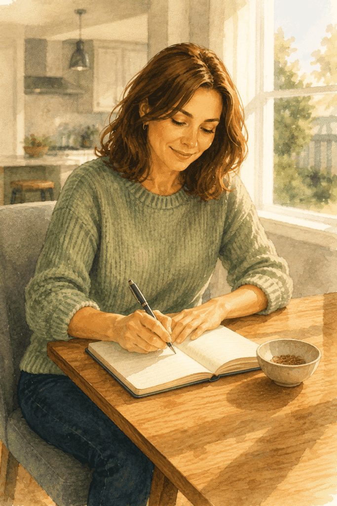 A woman sits at a wooden table in a bright room, writing in a notebook with a pen. A small bowl is placed beside her on the table, referencing how to manifest by writing
