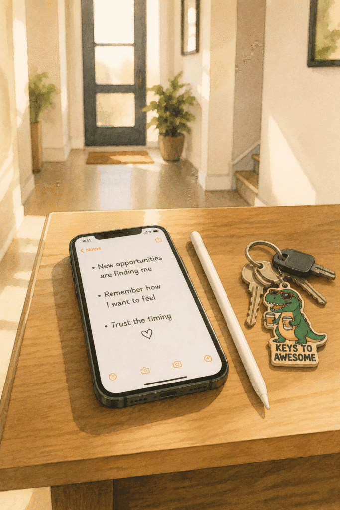 A smartphone with a motivational note, a stylus, and keys with a dinosaur keychain labeled “Keys to Awesome” on a wooden table in a sunlit entryway.