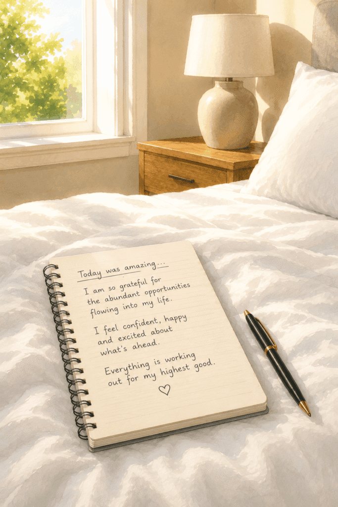 A notebook with a handwritten positive affirmation lies on a white bed near a black pen, with sunlight streaming through a window and a lamp on the nightstand in the background, referencing how to manifest by writing