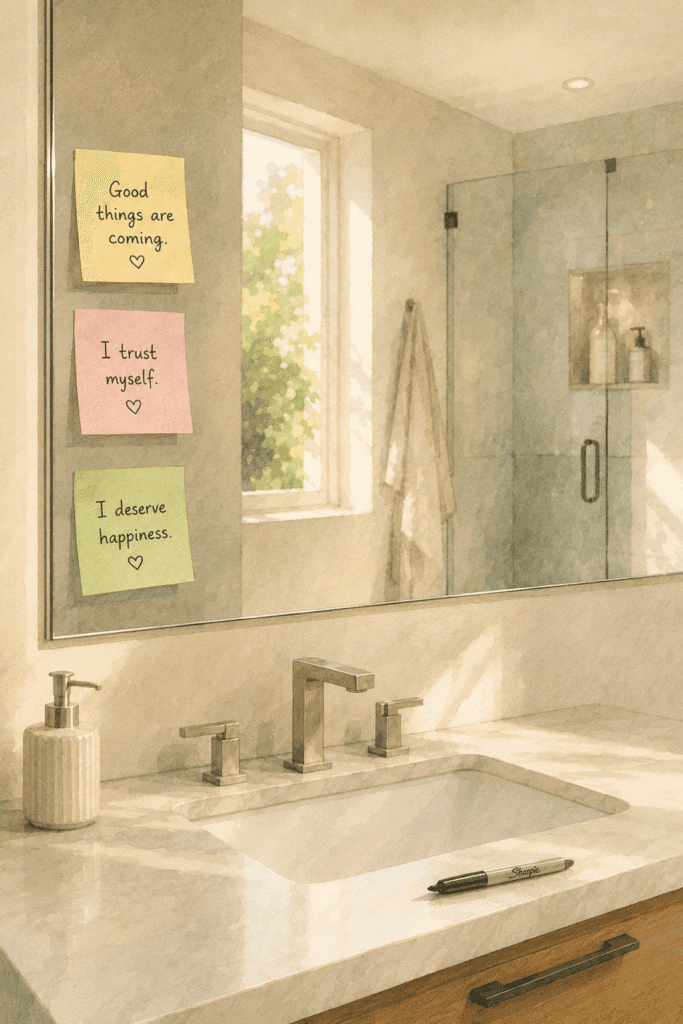 A bathroom sink and mirror with three sticky notes that read: “Good things are coming,” “I trust myself,” and “I deserve happiness.” A pen sits on the counter, referencing how to manifest by writing