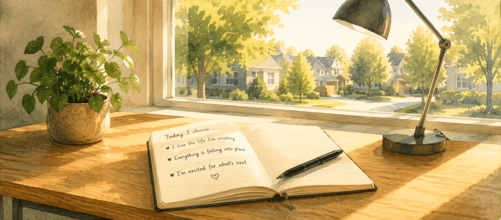 A desk with a potted plant, an open journal with handwritten notes, a pen, and a lamp, placed by a window overlooking a sunny suburban neighborhood.