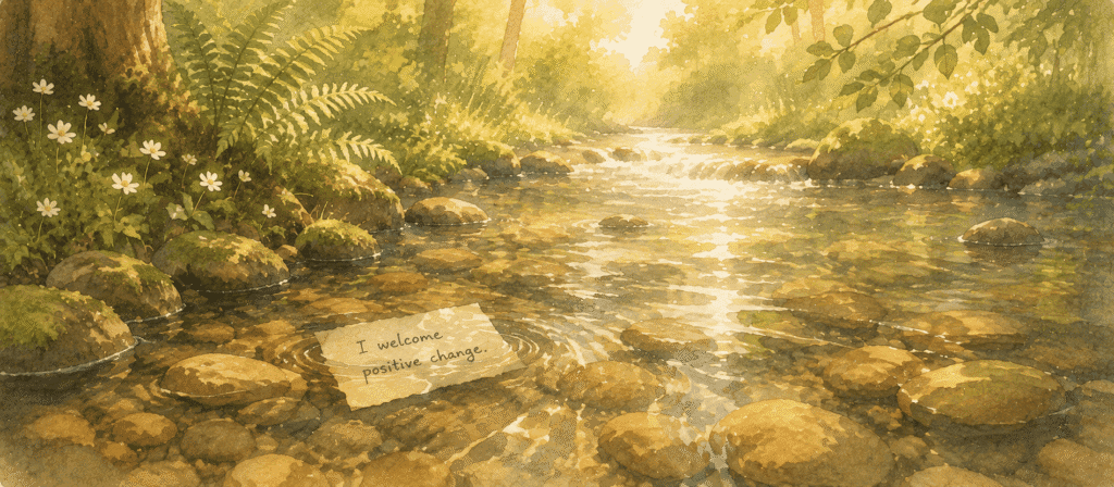 A sunlit stream flows through a forest. Flowers and ferns grow on the bank. A piece of paper reading “I welcome positive change” floats on the water.