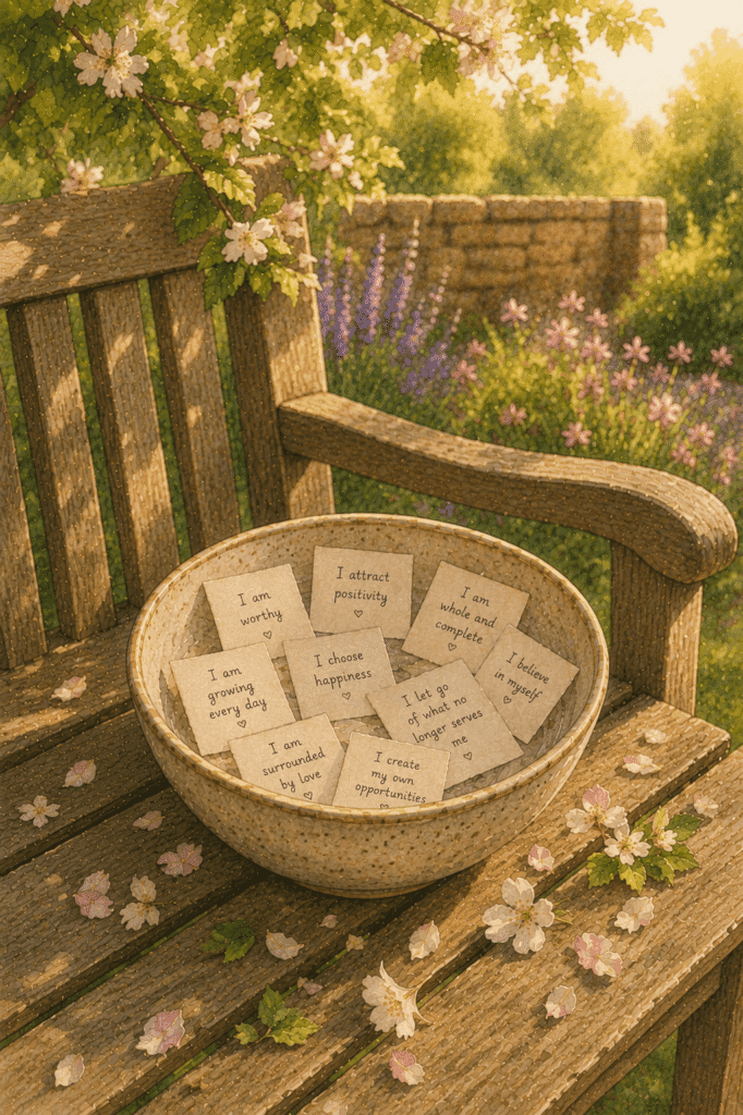 A wooden bench holds a ceramic bowl filled with cards stating positive affirmations, surrounded by flower petals in a sunlit garden.