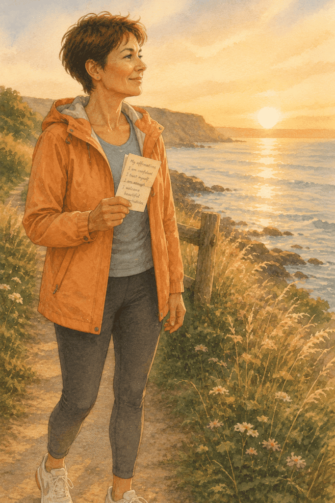 A woman in a jacket holds a handwritten note while walking on a coastal path at sunset, surrounded by grass and flowers.