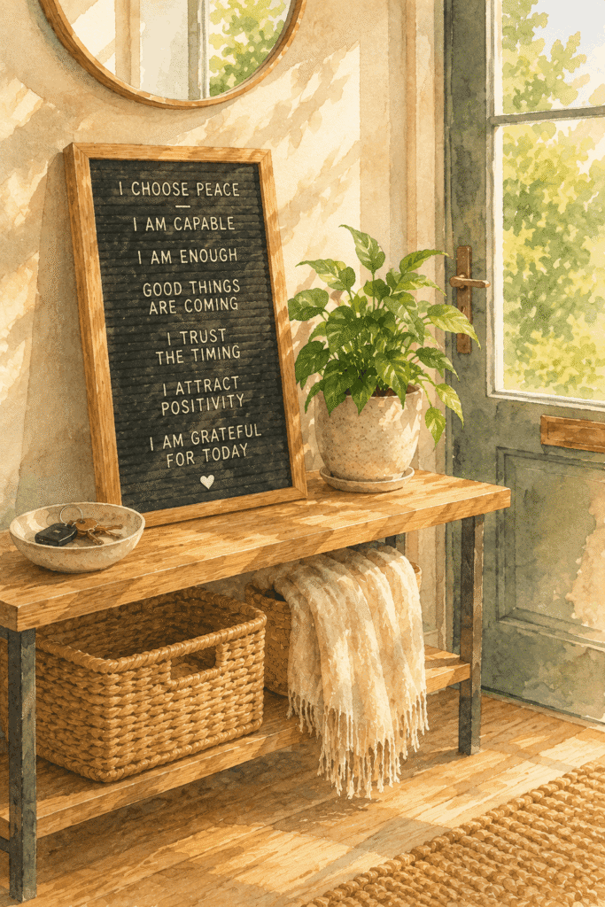 A wooden bench with a plant, keys, woven baskets, and a sign displaying positive affirmations sits by a sunlit window and door,  referencing Manifest with Affirmations
