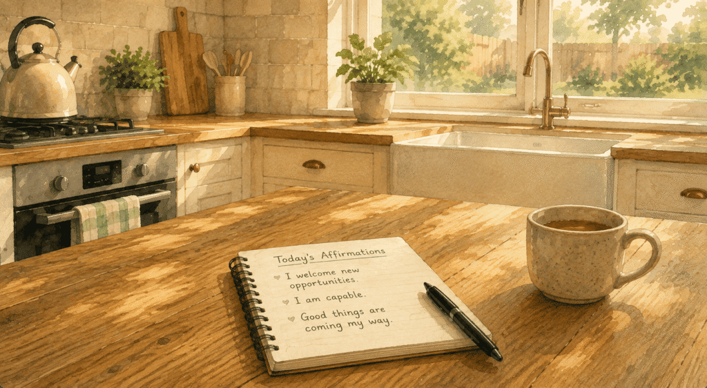 A notebook with affirmations, a pen, and a mug sit on a wooden kitchen counter with sunlight streaming through a window above the sink.