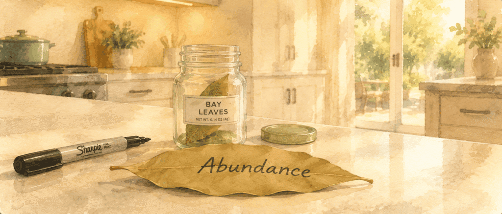 A bay leaf labeled “Abundance” rests on a kitchen counter beside a jar of bay leaves, a marker, and a jar lid, with a sunlit kitchen in the background, referencing manifesting with bay leaves