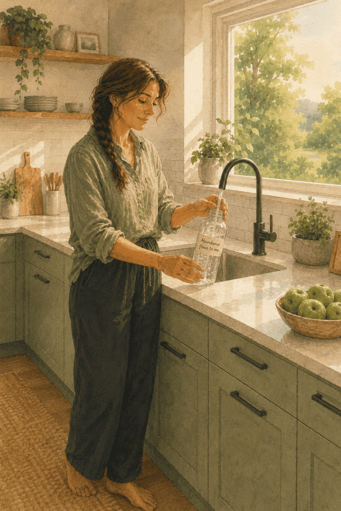 A woman stands barefoot in a sunlit kitchen, filling a glass bottle with water at the sink. Green apples and potted plants decorate the countertop.