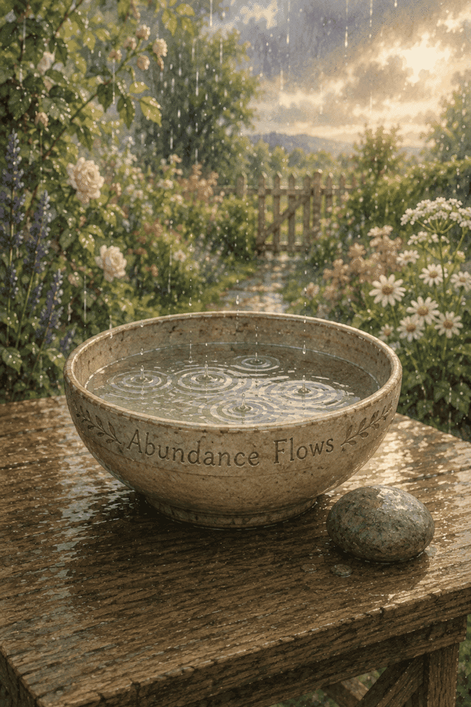A stone bowl engraved with “Abundance Flows” fills with rainwater on a wooden table in a garden, with flowers and a gate visible in the background.