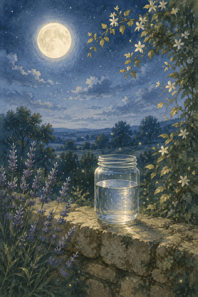 A glass jar filled with water sits on a stone wall under a full moon, surrounded by flowering vines and lavender, with trees and a starry sky in the background.