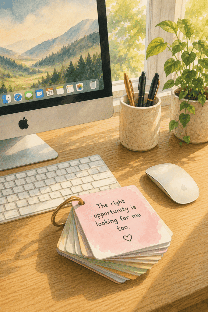 A desktop with an iMac, mouse, potted plant, pens, and cards; the top card reads, “The right opportunity is looking for me too.” Sunlight shines through a window.