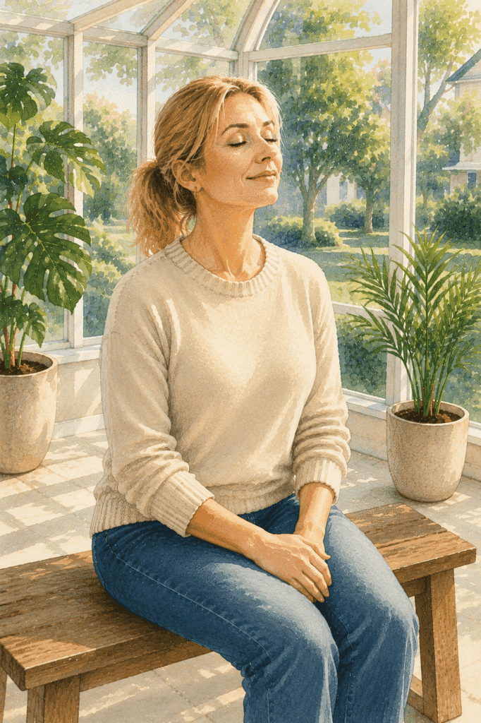 A woman sits on a wooden bench in a sunlit greenhouse, eyes closed, wearing a beige sweater and jeans, surrounded by potted plants.
