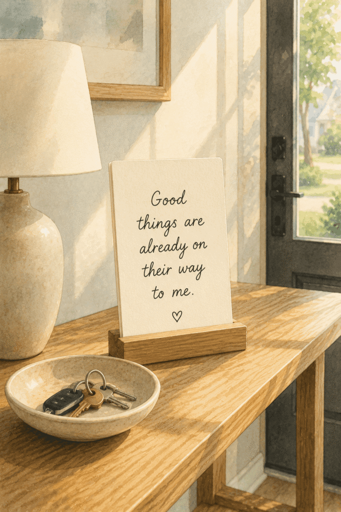 A card reading “Good things are already on their way to me” sits on a wooden stand on a table with keys, a bowl, and a lamp near a sunlit door, representing manifestation mantras