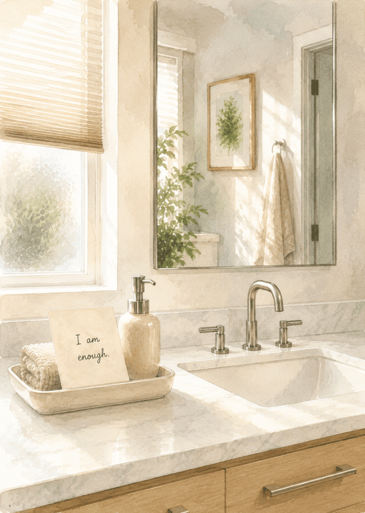 A bathroom sink with a soap dispenser, rolled towels, and a card reading “I am enough” on the counter, next to a window with sunlight streaming in.