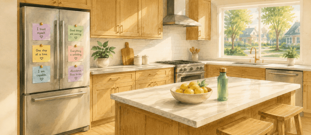 Bright kitchen with wooden cabinets, marble island, a bowl of lemons, two stools, and a fridge covered in colorful motivational sticky notes. Sunlight streams in through a large window, representing manifestation mantras