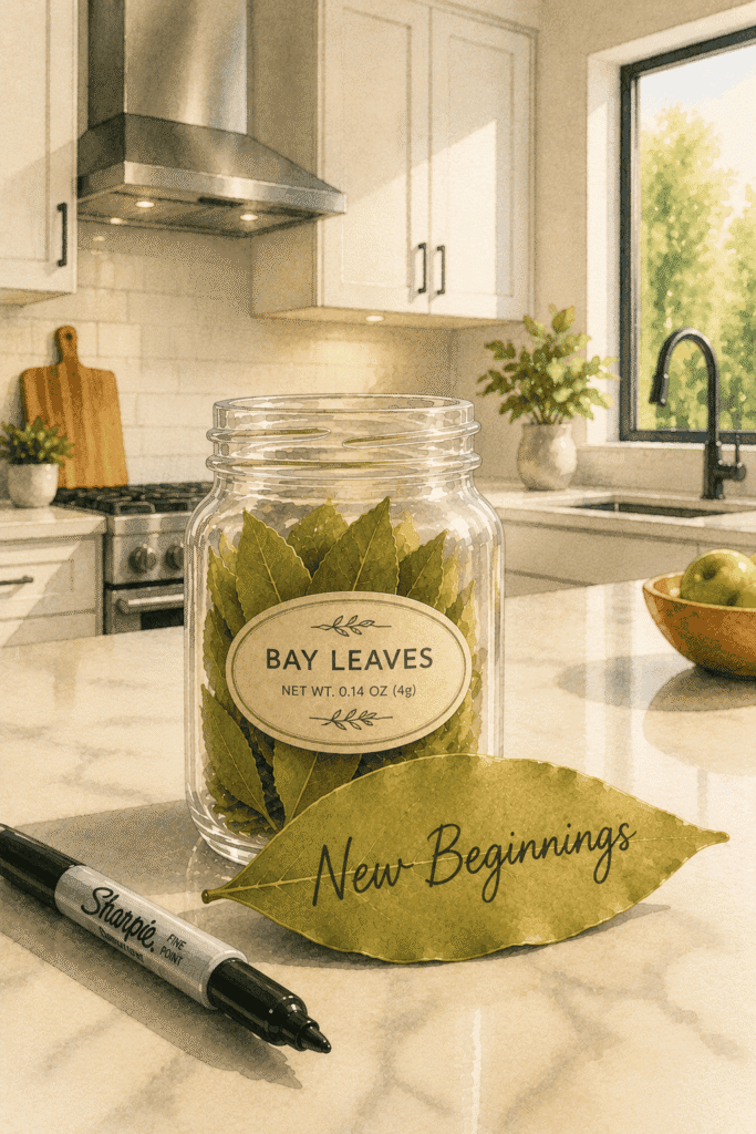 A jar of bay leaves sits on a kitchen counter. One leaf is labeled “New Beginnings” in script, and a black Sharpie marker lies nearby. Sunlight streams through a window.