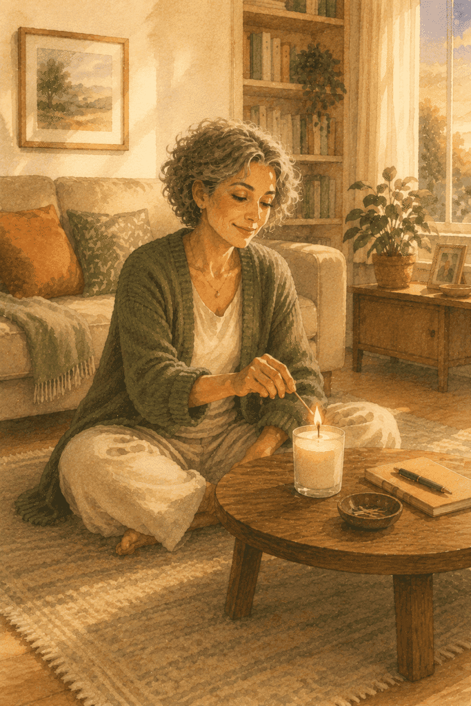 A woman sits cross-legged on a rug in a cozy living room, lighting a candle on a low wooden table with books and a dish nearby. Sunlight streams in through a window.