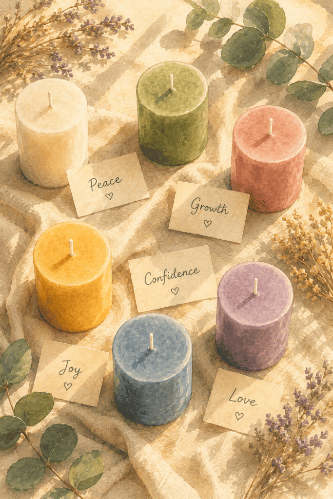Seven colored candles labeled with “Peace,” “Growth,” “Confidence,” “Joy,” “Love” surrounded by eucalyptus leaves and dried lavender on a beige fabric.