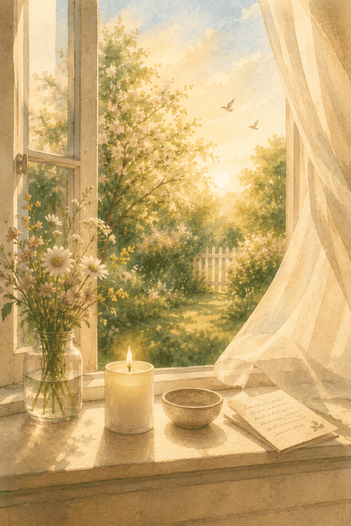 An open window with sheer curtains, a lit candle, a vase of flowers, a bowl, and an open book on the sill, overlooking a sunlit garden with blooming trees and flying birds.