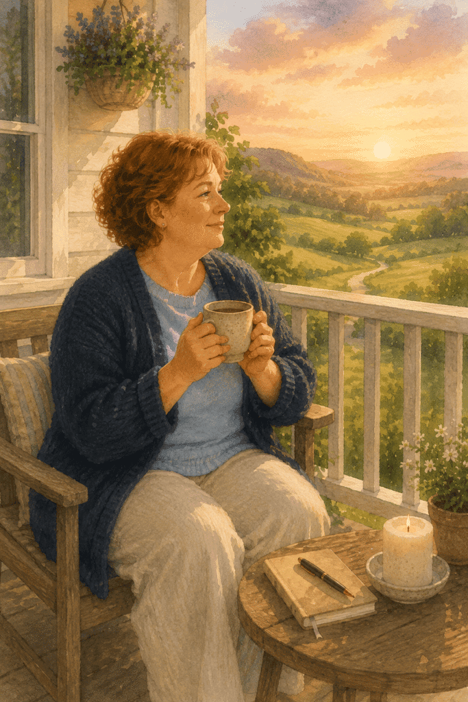 A woman sits on a porch holding a mug, looking at the sunset over a scenic landscape. A notebook, pen, and lit candle rest on the table beside her.